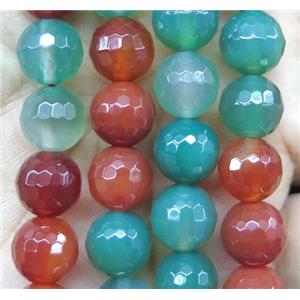 Agate beads, faceted round, green and red, approx 10mm dia