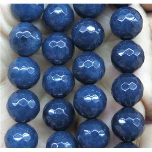 Agate beads, faceted round, ink-blue, approx 10mm dia