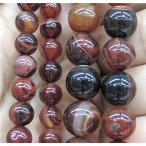 red coffee striped agate bead, round, approx 6mm dia
