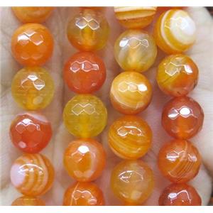 orange striped agate bead, faceted round, approx 8mm dia