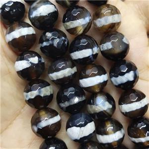 tibetan agate bead, faceted round, black, approx 12mm dia