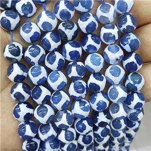 blue Tibetan Style Agate beads, faceted round, football, approx 10mm dia