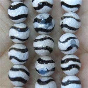black and white Tibetan Style Agate beads, faceted round, approx 8mm dia