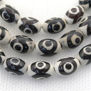 black and white Tibetan Style Agate rice beads, evil eye, approx 10x14mm