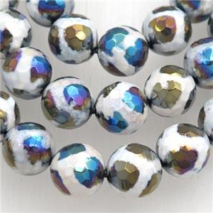 faceted round Tibetan Agate beads, football, AB color electroplated, approx 12mm dia