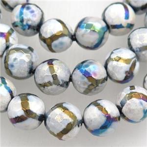 faceted round Tibetan Agate beads, football, AB color electroplated, approx 8mm dia