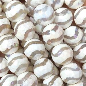 faceted round Tibetan Agate beads, white, wave, AB color electroplated, approx 10mm dia