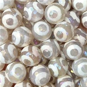 faceted round Tibetan Agate beads, white, eye, AB color electroplated, approx 10mm dia