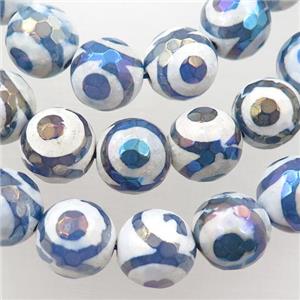 faceted round Tibetan Agate beads, blue, eye, AB color electroplated, approx 12mm dia