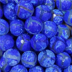 faceted round Tibetan Agate beads, blue dye, approx 10mm dia