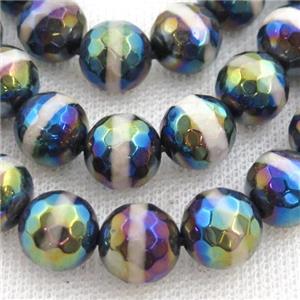 Tibetan Agate beads, faceted round, AB color electroplated, approx 8mm dia