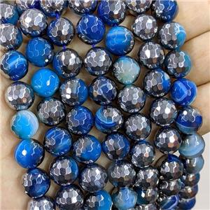 blue striped Agate Beads, half silver electroplated, approx 6mm dia