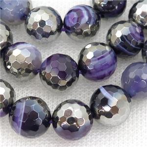 purple striped Agate Beads, half silver electroplated, approx 10mm dia