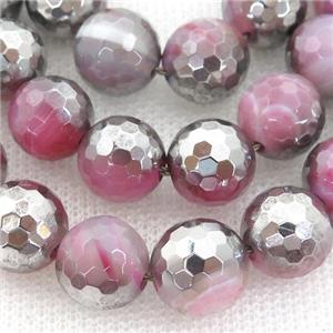 pink striped Agate Beads, half silver electroplated, approx 8mm dia