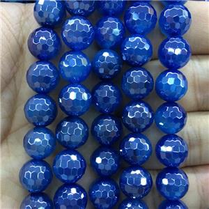 blue Agate Beads, faceted round, light electroplated, approx 10mm dia