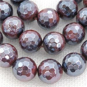 red Tiger eye stone Beads, faceted round, electroplated, approx 12mm dia