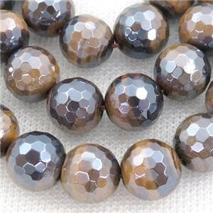 natural Tiger eye stone Beads, faceted round, light electroplated, approx 6mm dia