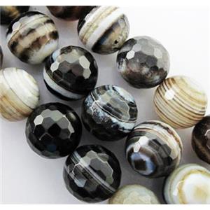 black Agate Stone beads, faceted round, stripe, 10mm dia, approx 38pcs per st