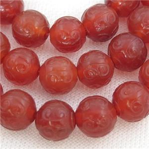 red Agate Beads, round, carved, approx 12mm dia