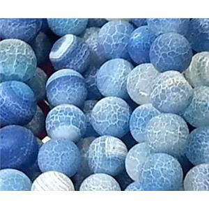 blue Crackle Agate Stone bead, round, frosted, 14mm dia, approx 28pcs per st