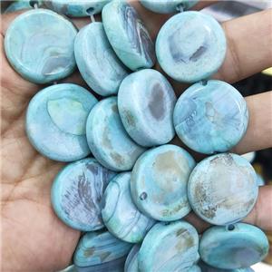 Agate circle coin beads, turq blue, dye, approx 24mm