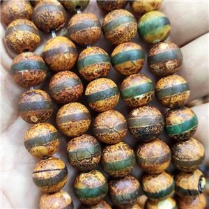round Tibetan Agate beads, yellow, line, approx 10mm dia