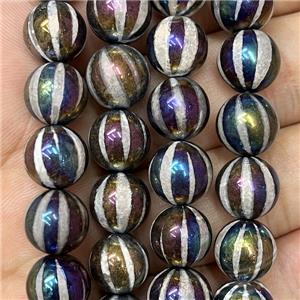 round Tibetan Agate Beads, pumpkin, rainbow electroplated, approx 10mm dia