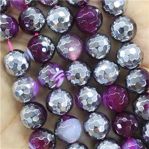 Hotpink Stripe Agate Beads Faceted Round Half Silver Plated, approx 10mm dia