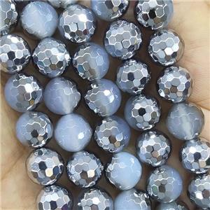 GrayWhite Agate Beads Faceted Round Half Silver Plated, approx 10mm dia