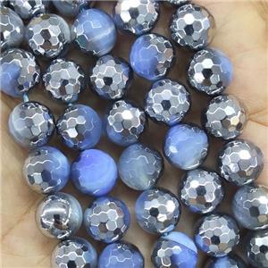Blue Stripe Agate Beads Faceted Round Half Silver Plated, approx 10mm dia
