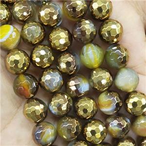 Yellow Stripe Agate Beads Faceted Round Half Gold Plated, approx 10mm dia
