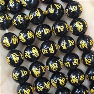 Black Agate Buddhist Beads Round Dye Om Mani Padme Hum, approx 14mm dia