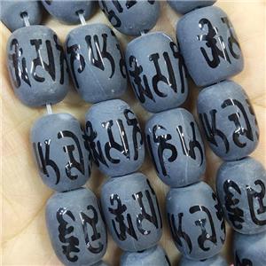 Black Onyx Agate Buddhist Beads Barrel Om Mani Padme Hum Matte, approx 13-18mm
