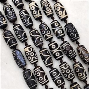 Black Tibetan DZi Agate Barrel Beads Matte Evil Eye, approx 10-20mm, 18pcs per st