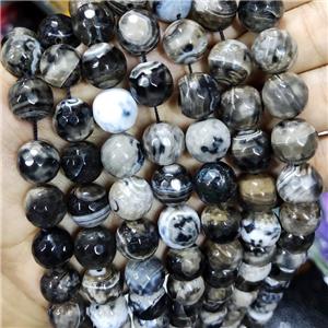Black Fired Agate Beads Faceted Round B-Grade, approx 14mm dia