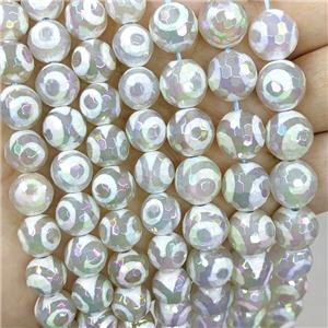 White Tibetan Agate Beads Evil Eye Faceted Round AB-Color Electroplated, approx 12mm dia