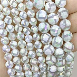 White Tibetan Agate Beads Football Faceted Round AB-Color Electroplated, approx 12mm dia
