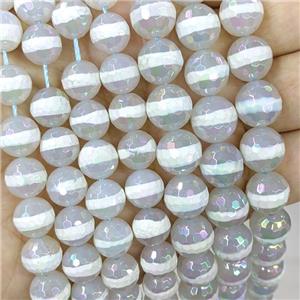 White Tibetan Agate Beads Line Faceted Round AB-Color Electroplated, approx 10mm dia