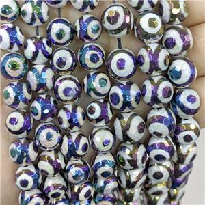 Black Tibetan Agate Beads Evil Eye Faceted Round Rainbow Electroplated, approx 10mm dia