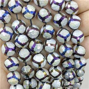 Tibetan Agate Beads Football Faceted Round Rainbow Electroplated, approx 10mm dia