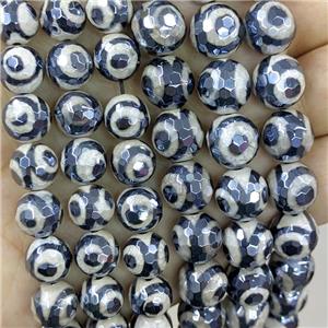 Black Tibetan Agate Beads Evil Eye Faceted Round LIght Electroplated, approx 10mm dia