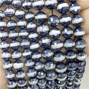 Black Tibetan Agate Beads Line Faceted Round Light Electroplated, approx 12mm dia