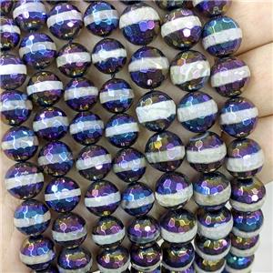 Tibetan Agate Beads Faceted Round Line Rainbow Electroplated, approx 12mm dia