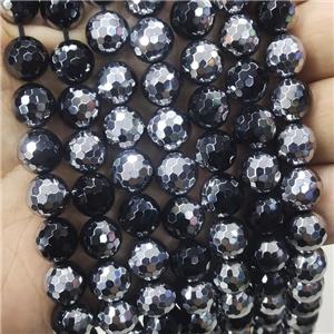 Natural Black Onyx Agate Beads Faceted Round Half Silver Electroplated, approx 10mm dia