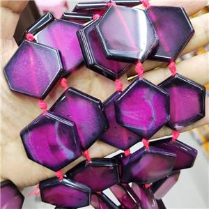 Natural Agate Beads Hexagon Hotpink Dye, approx 35-40mm, 9pcs per st