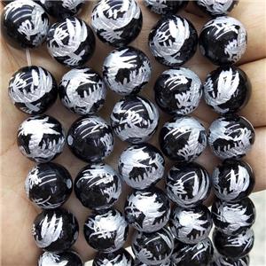 Natural Black Onyx Agate Beads Round Carved, approx 10mm dia
