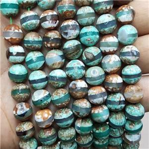 Tibetan Agate Beads Faceted Round Line Green, approx 10mm dia