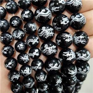 Natural Agate Beads Black Dye Round Carved Dragon, approx 14mm dia