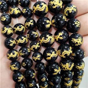 Natural Agate Beads Black Dye Round Carved Dragon, approx 12mm dia