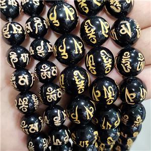 Natural Agate Buddhist Beads Black Dye Round Carved Om Mani Padme Hum, approx 12mm dia